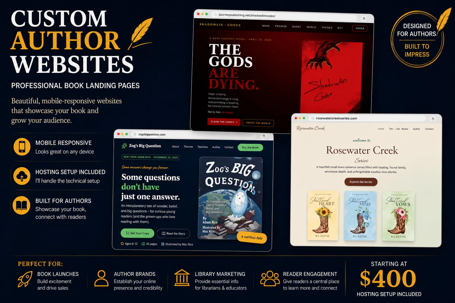Custom author website designs for book landing pages